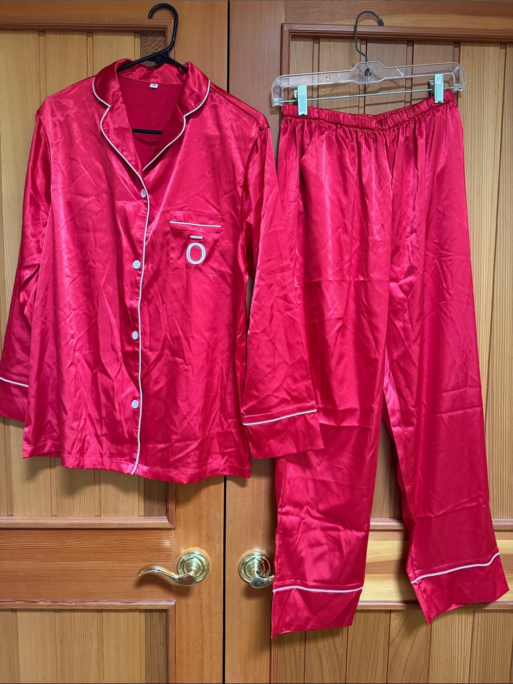 Doterra Women's Red Satin Pajama Set with White Piping Size M